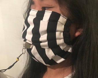 Football Referee with Nose Wire /Striped Face Mask Cover, 2 layer handmade / Slit for WHISTLE  /Straw Drinking and 100% Cotton