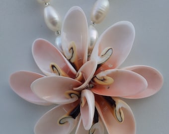 Handmade shell necklace with real fresh water pearl # 00N25
