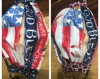 Two Layer Handmade adjustable  w/ nose wire ,  God Bless America Face Mask 100% Cotton