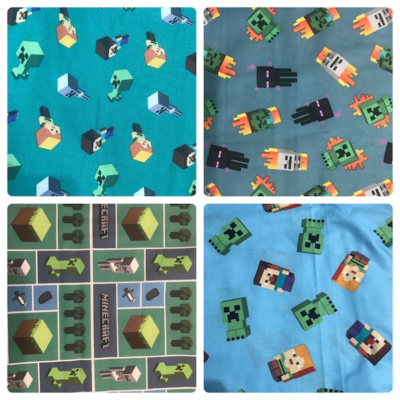 Puede incluir: Cuatro muestras de tela diferentes con tem&aacute;tica de Minecraft. Las muestras son azules, verdes, grises y azul claro con varios personajes y bloques de Minecraft impresos en ellas.