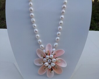 Handmade shell necklace with real fresh water pearl # 00N26