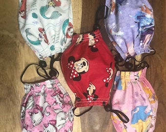 Kids/Teens face mask / Aristocrats, Minnie Mouse,  Frozen, Mermaid, Disney princess , Two-laye reversible,  adjustable 100% Novelty Cotton
