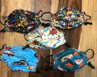 KIDS / TEENS / Máscara facial de dos capas reversible, ajustable hecha a mano para niños 100% novelty Cotton