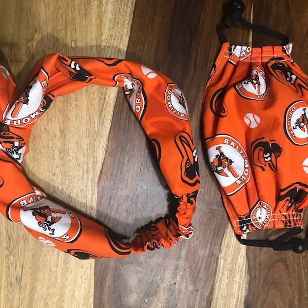 Baltimore Orioles Two Layer Handmade Reversibe Face Mask and headband 100% Cotton
