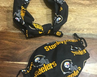 Pittsburgh Steelers Two Layer Handmade Reversible  Face Mask and Headband100% Cotton