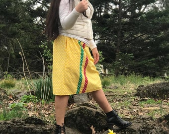 Yello Cotton Skirt with green and red podka dots stripes