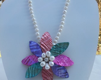 Handmade  set necklace  with  earrings real shell and fresh water pearl  #00N10