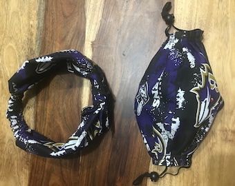 Baltimore Ravens Two Layer Handmade Reversible Face Mask and headband 100% Cotton