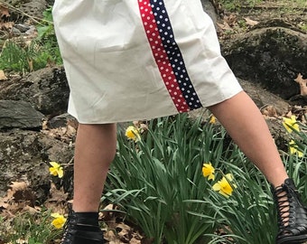 White Cotton Skirt with red and blue podka dots stripes