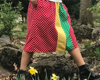 Red Cotton Skirt with yello and green podka dots stripes