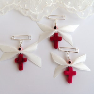 Ragazze testimone Pins, ortodossa battesimo battesimo, Martirika Martyrika Pin Mati, fucsia Howlite Cross, White Ribbon malocchio (HCMN23)-10 pz