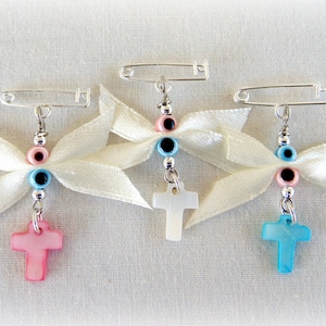 Twins testimone Pins, Martirika, Martyrika, Pin Mati, madre naturale della Croce perla MOP, Shell Croce, nastro avorio e malocchio (MN42)-10 pz