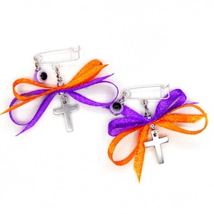 Witness Pins Orthodox Baptism Christening, Martirika Martyrika Pin Mati, Silver Plated Cross, Orange Purple Ribbon Evil Eye (MCMN100)-10 pcs