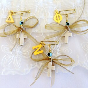 Witness Pins, Martirika Martyrika, White Howlite Cross Gold Ribbon and Hemp Thread Baby&#39;s Initial Letter Charm and Evil Eye (HCMN51)- 10 pcs