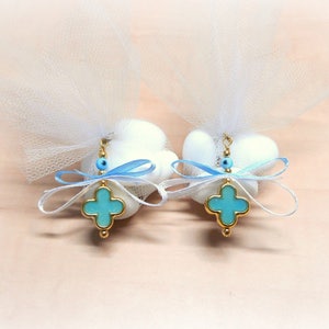 Boys Baptism Favors with 5 Sugared Almonds, Bombonieres, Christening Favors, Blue Gold Cross, Baby Shower Gift (FN15a) - Set of 10 pcs