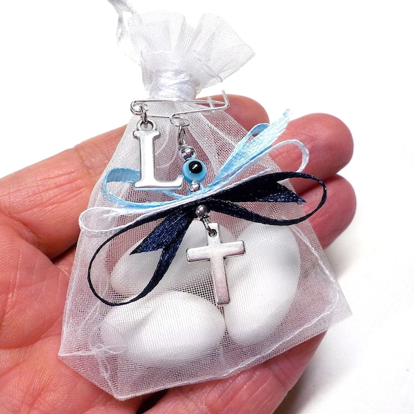 Boys Baptism Favors Bombonieres, Organza Pouches with Jordan Almonds, Baby Initial Letter Christening Favors, Baby Shower Gift (FN65)-10 pcs