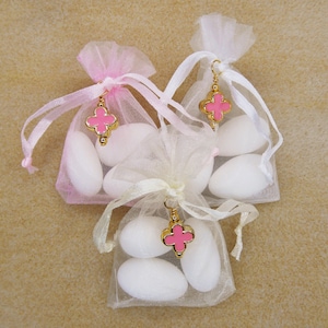 Girls Baptism Favors, Organza Pouches with Jordan Almonds, Bombonieres, Christening Favors, Pink Gold Cross, Baby Shower Gift (FN17)- 10 pcs