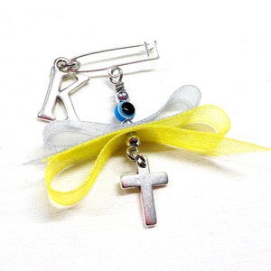 Pines de testigo, Martirika Martyrika, bautismo ortodoxo, cruz de plata y dije con la letra inicial del bebé, regalos de bautizo, regalo para invitados - 10 piezas