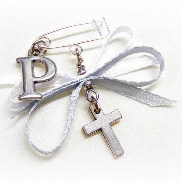 Witness Pins, Martirika Martyrika, Orthodox Baptism, Silver Plated Cross, Baby's Initial Letter Charm Silver Witness Pins (MCMN105A)- 10 pcs