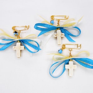 Boys Witness Pins, Orthodox Baptism, Orthodox Christening, Martirika, Martyrika, Pin Mati, White Cross, Ribbon and Evil Eye (HCMN87)- 10 pcs