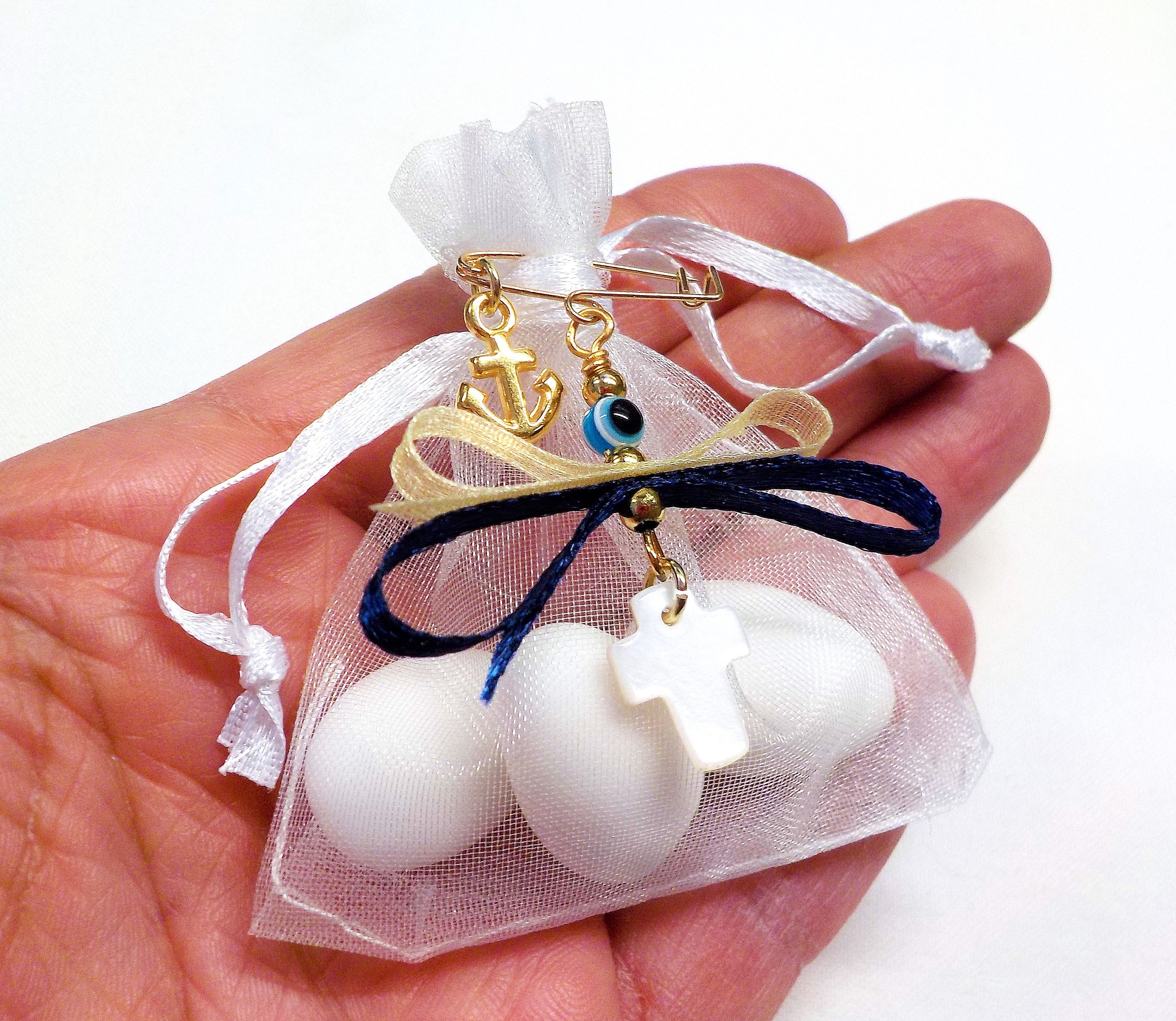 Boys Baptism Favors Bombonieres, Organza Pouches with Jordan Almonds, Nautical Theme Christening Favors, Baby Shower Gift (FN66)-10 pcs