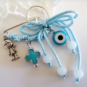 Baby Boy Safety Pin Brooch Good Luck, Handmade Baby Pin, Newborn&#39;s Evil Eye Protection Brooch, Baby Shower Gift with Cross- 1 piece