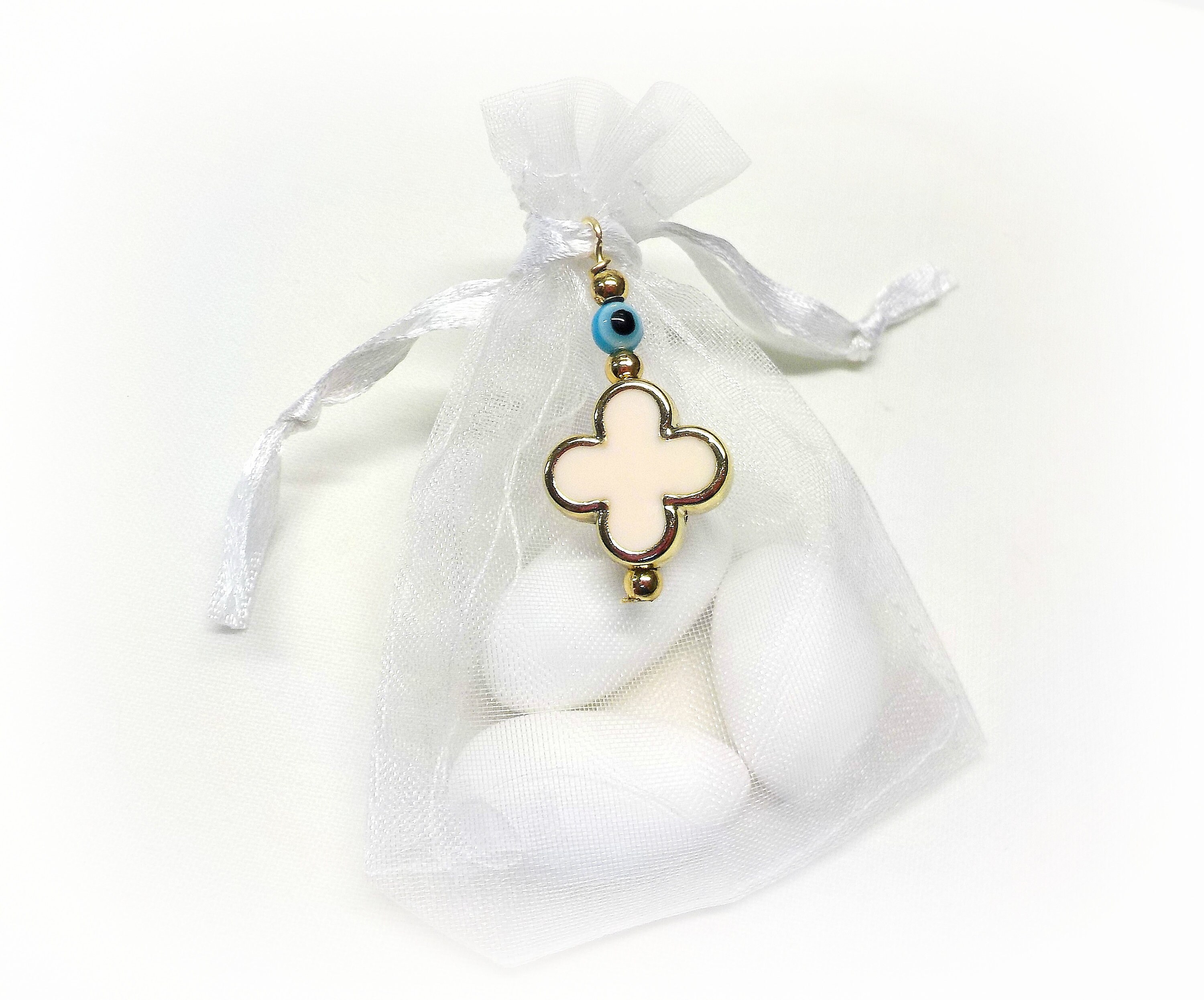 12 White Organza Favor Bags With Bow For Baptism/Christening - 4x5 Inches Decorated