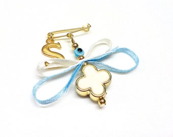 Boys Witness Pins, Martirika Martyrika, Orthodox Baptism Christening, Pin Mati, Initial Letter, White Cross, Guests Gift (CCBMN116) - 10 pcs