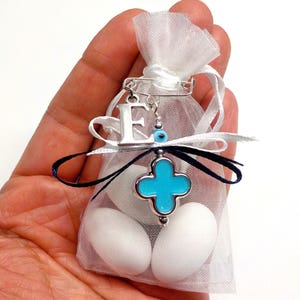 Boys Baptism Favors Bombonieres, Organza Pouches with Jordan Almonds, Baby Initial Letter Christening Favors, Baby Shower Gift (FN60)-10 pcs