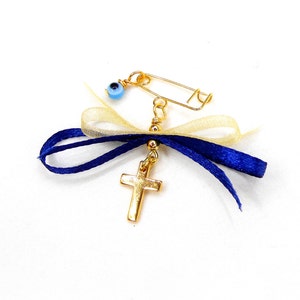 Boys Witness Pins, Martirika, Martyrika, Orthodox Baptism Christening, Pin Mati, Gold Plated Cross, Ribbon and Evil Eye (MCMN96)- 10 pcs
