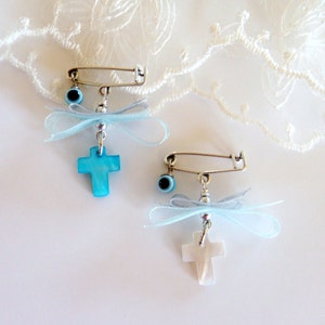 Psc ragazzi testimone Pins, ortodossa battesimo battesimo, Martirika, Martyrika, Pin Mati, naturale MOP Shell Cross, nastro ed Evil Eye(MN12) - 10