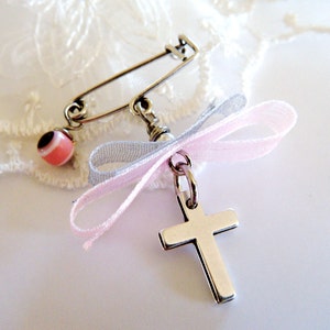 Girls Witness Pins, Orthodox Baptism Christening, Martirika Martyrika, Pin Mati, Gold Silver Plated Cross, Ribbon, Evil Eye (MCMN18)- 10 pcs