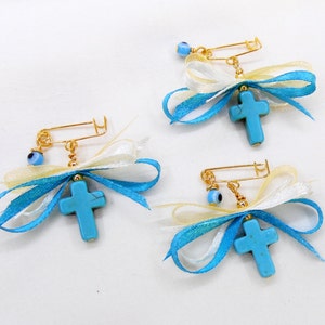 Boys Witness Pins, Orthodox Baptism, Orthodox Christening, Martirika, Martyrika, Pin Mati, Blue Cross, Ribbon and Evil Eye (HCMN88)- 10 pcs