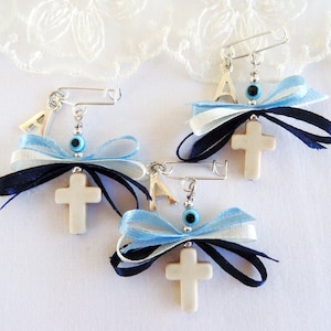 Boys Witness Pins, Martirika Martyrika, White Howlite Cross Ribbons, Silver Plated Baby&#39;s Initial Letter Charm and Evil Eye (HCMN54)- 10 pcs