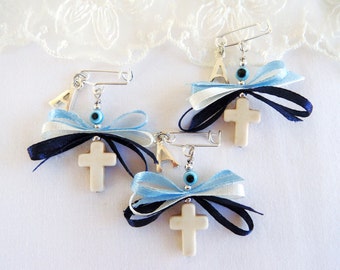 Boys Witness Pins, Martirika Martyrika, White Howlite Cross Ribbons, Silver Plated Baby&#39;s Initial Letter Charm and Evil Eye (HCMN54)- 10 pcs