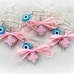 Girls Witness Pins, Orthodox Baptism, Orthodox Christening, Martirika Martyrika, Pin Mati, Pink Cross, Glass Evil Eye Bead (CCBMN39)- 10 pcs