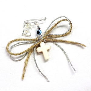 Witness Pins, Martirika, Martyrika, White Howlite Cross, Silver Cord and Hemp Thread, Baby&#39;s Initial Letter Charm, Evil Eye (HCMN90)- 10 pcs
