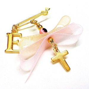 Alfileres de testigos para niñas Martirika Martyrika, bautismo ortodoxo, Pin Mati Gold Cross Baby's inicial carta encanto, cuenta de mal de ojo, regalo de invitados-10 piezas