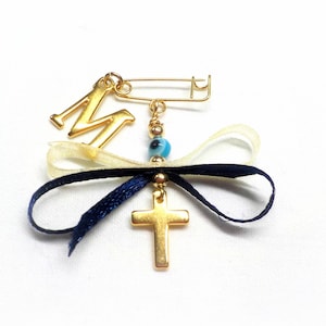 Boys Witness Pins, Martirika, Martyrika, Orthodox Baptism Christening, Pin Mati, Gold Plated Cross, Ribbon and Evil Eye (MCMN96B) - 10 pcs