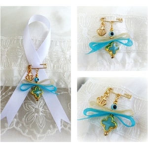 Boys Witness Pins, Orthodox Baptism Christening, Martirika Martyrika, Pin Mati Gold Anchor Blue Cross Ribbon and Evil Eye (CCBMN28) - 10 pcs