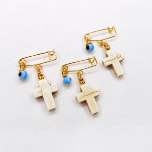 Spille testimoni, battesimo ortodosso, bomboniere ospiti, martirika martyrika, pin mati, croce howlite bianca e malocchio (HCMN93) - 10 pz