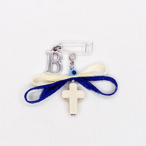 Boys Witness Pins, Martirika Martyrika, White Howlite Cross, Ribbon Silver Plated Baby&#39;s Initial Letter Charm and Evil Eye (HCMN48A)- 10 pcs