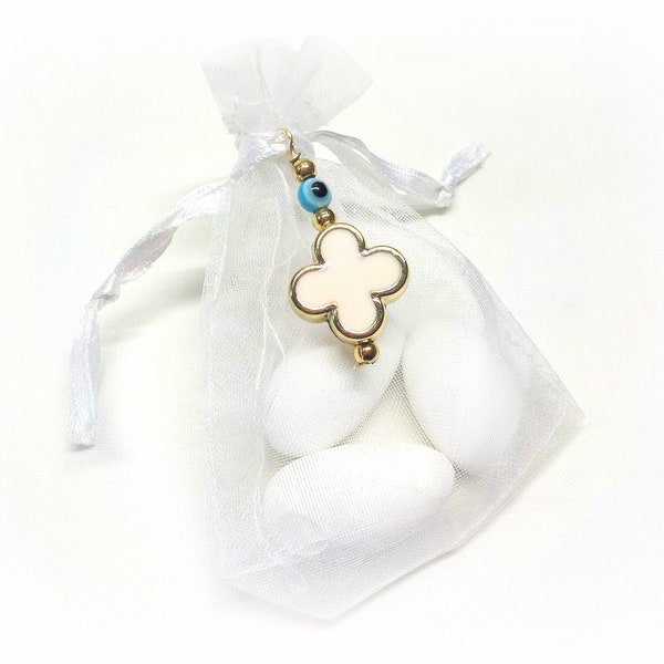 Baptism Favors, Organza Pouches with Jordan Almonds, Bombonieres, Christening Favors, White Gold Cross, Baby Shower Gift (FN63) - 10 pcs