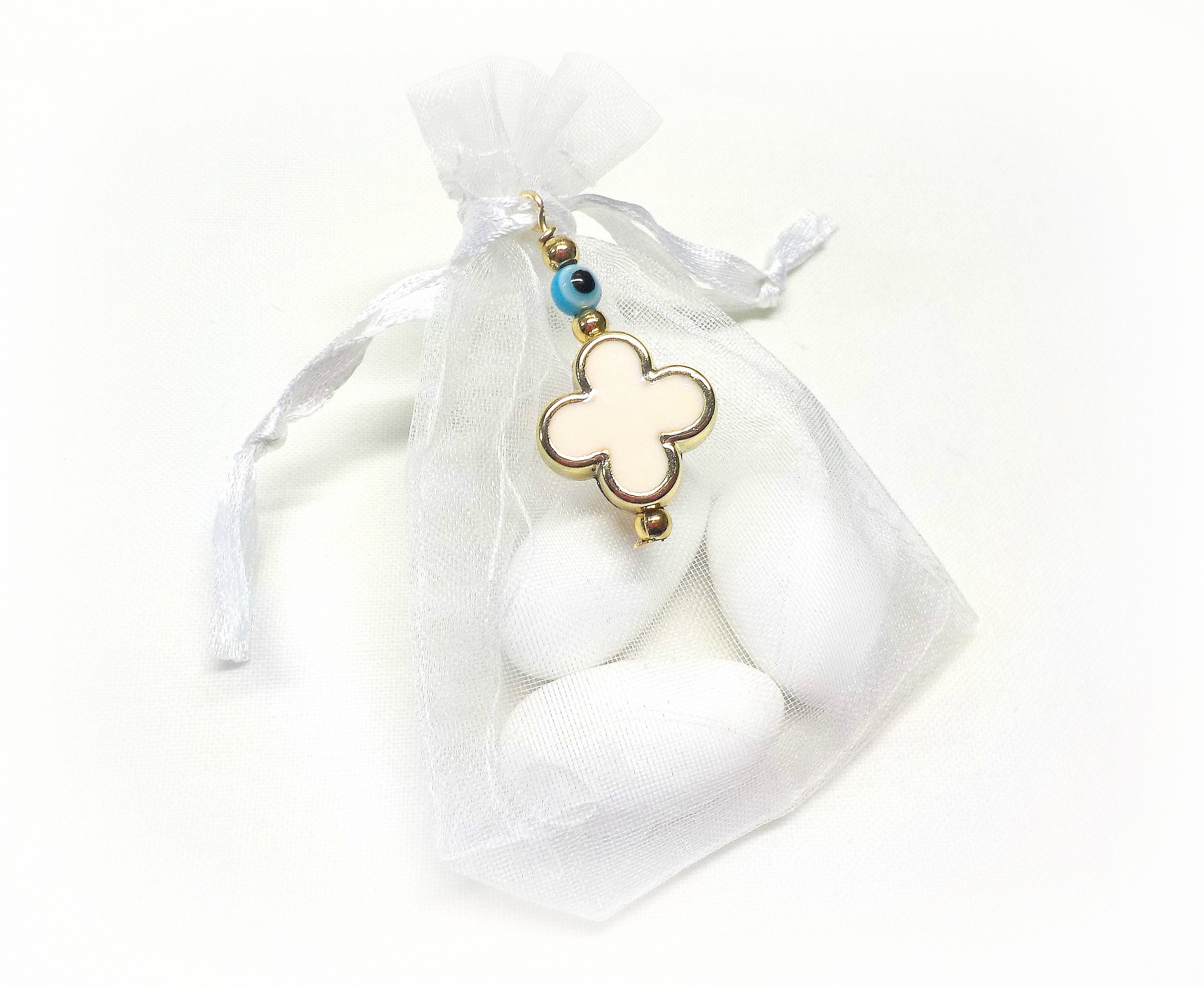 Baptism Favors, Organza Pouches With Jordan Almonds, Bombonieres, Christening Favors, White Gold