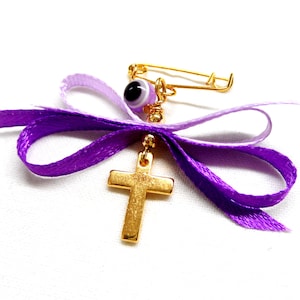 Witness Pins Orthodox Baptism Christening, Martirika Martyrika, Pin Mati, Gold Plated Cross, Lilac Purple Ribbon, Evil Eye (MCMN100C)-10 pcs