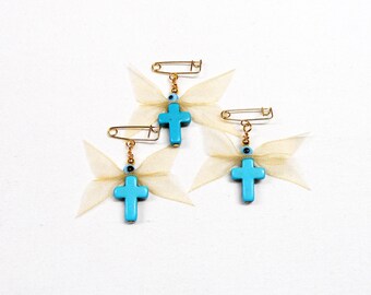 Witness Pins, Orthodox Baptism, Orthodox Christening, Martirika Martyrika, Pin Mati, Turquoise Cross, Ribbon and Evil Eye (HCMN7)- 10 pieces