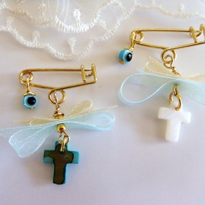Boys Witness Pins, Orthodox Baptism, Orthodox Christening, Martirika, Pin Mati, Natural MOP Cross, Shell Cross, Ribbon Evil Eye(MN16)-10 pcs