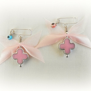 Girls Witness Pins, Orthodox Baptism, Orthodox Christening, Martirika, Martyrika, Pin Mati, Pink Cross, Evil Eye (CCBMN76) - 10 pcs