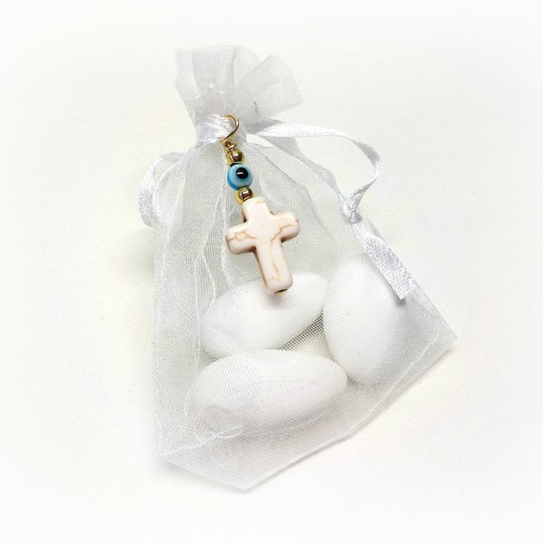 Baptism Favors, Organza Pouches with Jordan Almonds, Bombonieres, Christening Favors, White Howlite Cross, Baby Shower Gift (FN62) - 10 pcs