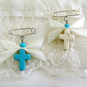Boys Witness Pins, Orthodox Baptism, Orthodox Christening, Martirika, Martyrika, Howlite Cross, Ribbon and Glass Bead (HCMN44) - 10 pcs